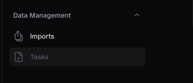 Data Management menu showing Tasks option