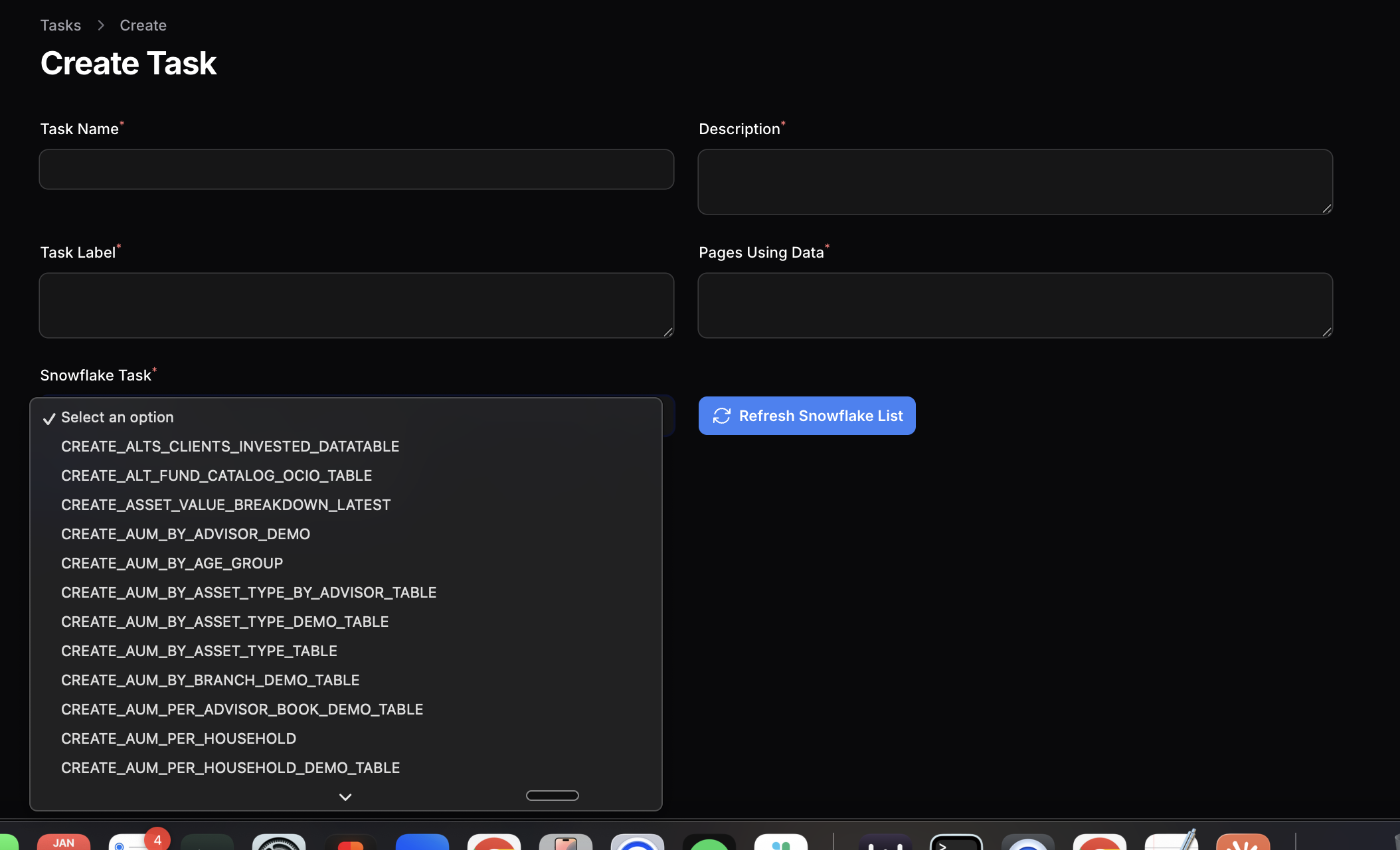 Snowflake Task dropdown with available options