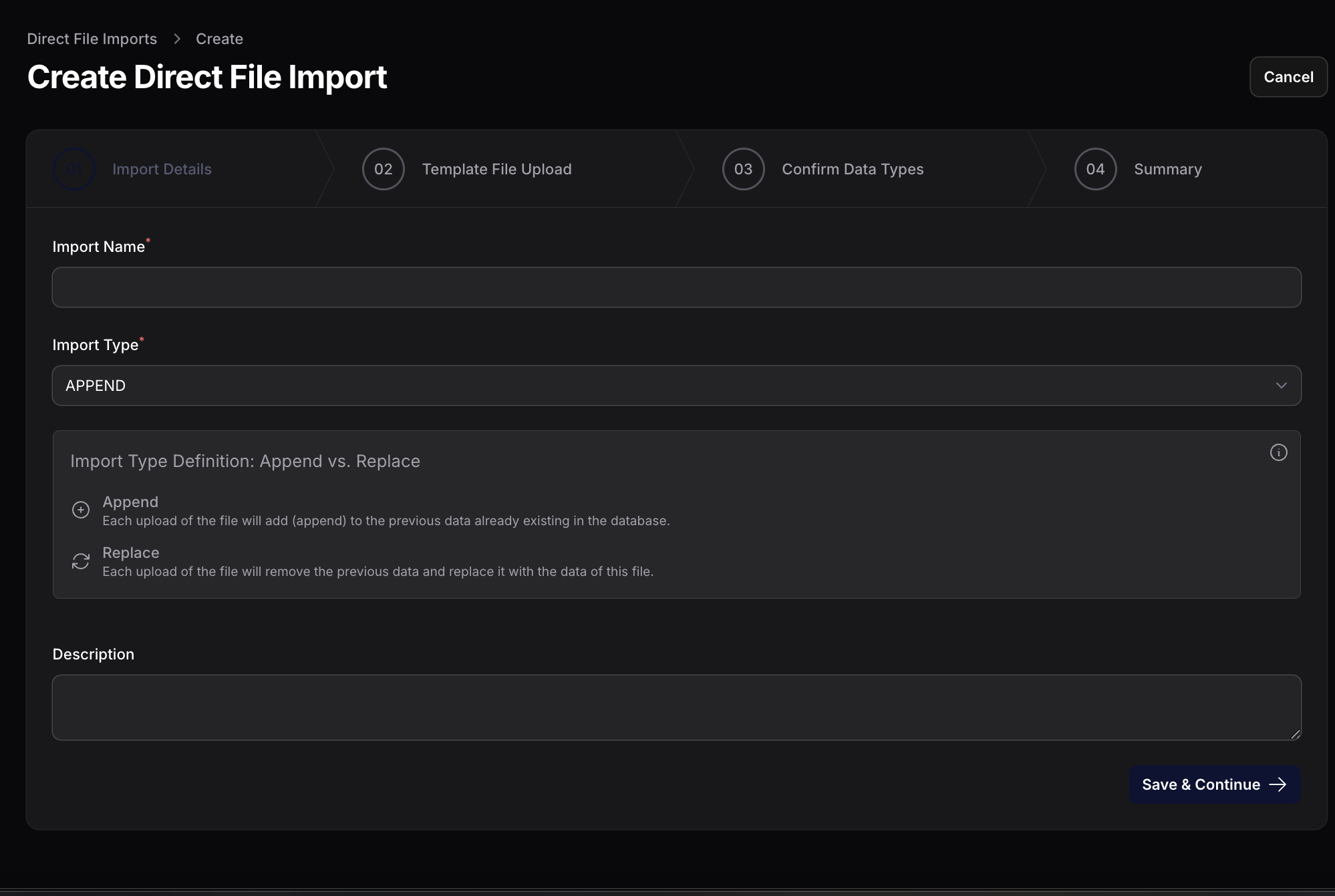 Create Direct File Import wizard - Step 1
