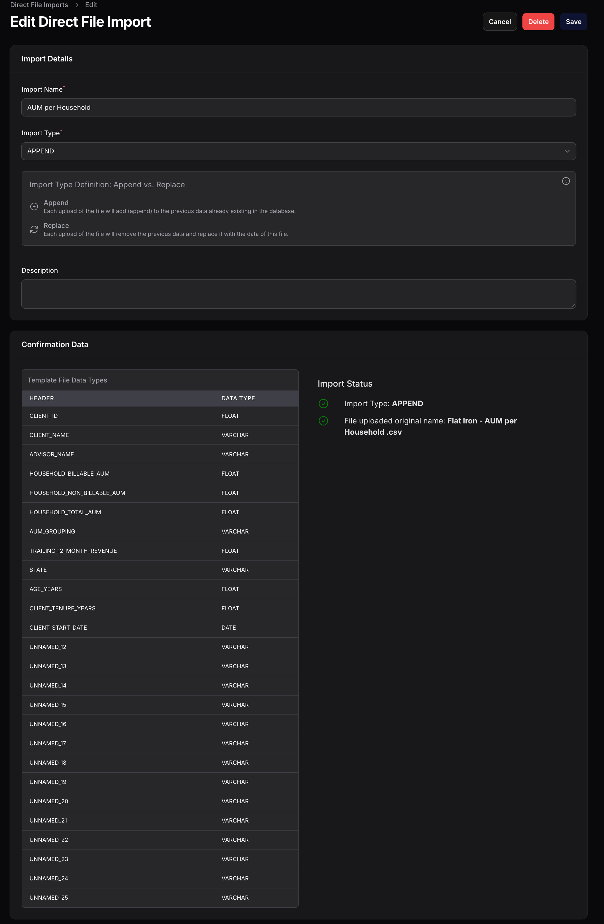 Confirmation Data showing detected columns and types